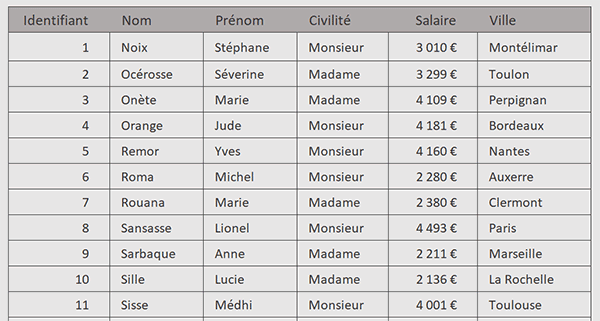 Tableau Excel des salariés d-une entreprise