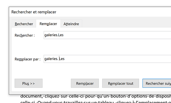 Automatiser la correction pour une faute répétitive avec la boîte de dialogue Word de recherche et de remplacement