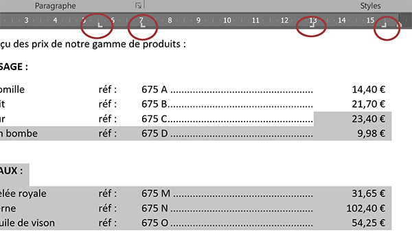 Impossible de sélectionner les éléments dans leur colonne avec les taquets de tabulation de Word