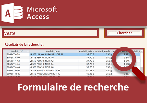 Formulaire Access pour rechercher des données sur des mots clés tapés