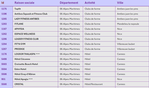 Base de données Excel des activités de sorties