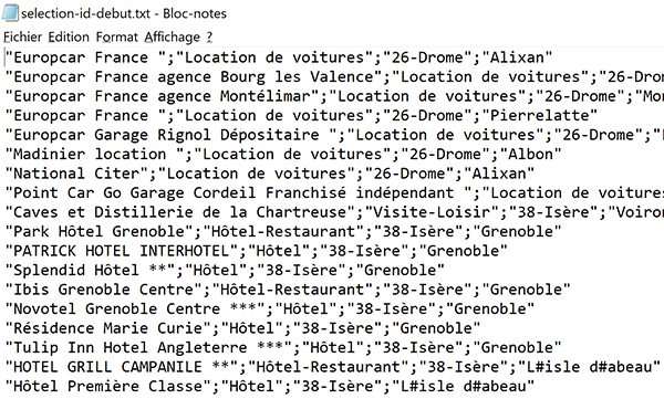 Informations de base de données exportées dans un fichier texte au format CSV