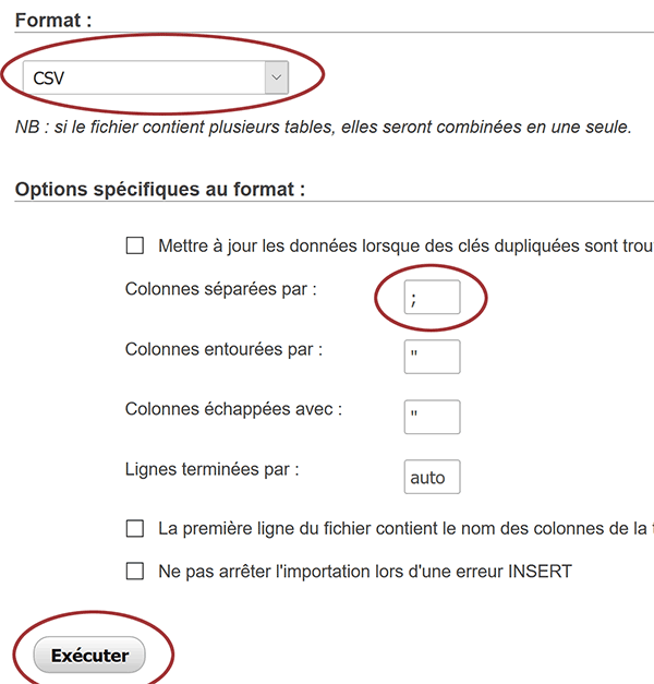 Paramétrer les propriétés pour importer les données CSV dans la base MySql