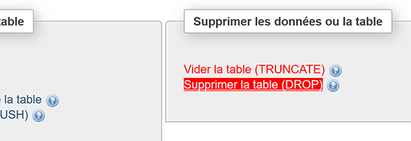 Supprimer une table de base de données MySql avec interface administration PhpMyAdmin