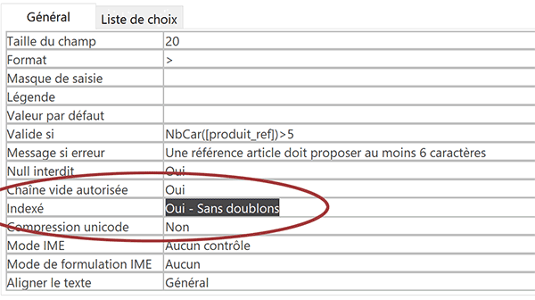 Champ de la clé primaire dans table Access des produits, indexé sans doublons