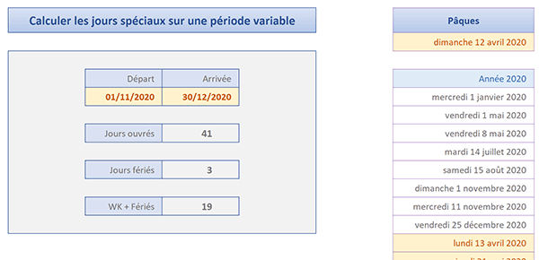 Calculer le nombre de jours fériés et de Week End entre deux dates Excel sans les recouper