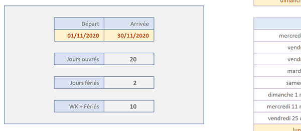 Nombre de jours fériés et Week-End entre deux dates avec Excel