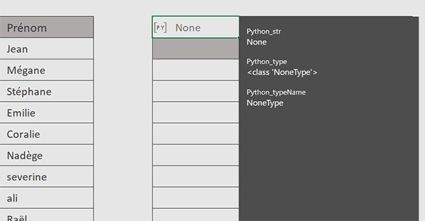 Objet Python vide dans formule Excel