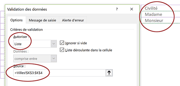 Construire une liste déroulante statique et manuelle des civilités avec Excel