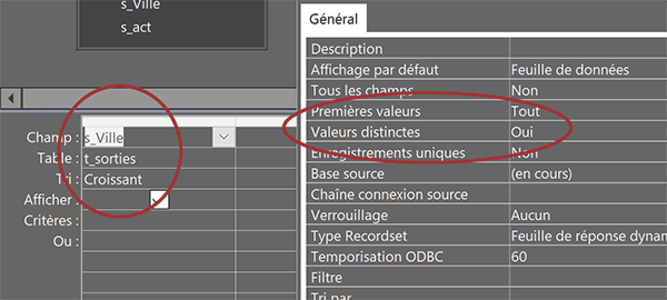 Requête Access avec valeurs distinctes pour remplir une liste déroulante de données uniques triées