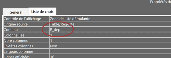 Requête source pour remplir une liste déroulante de table Access