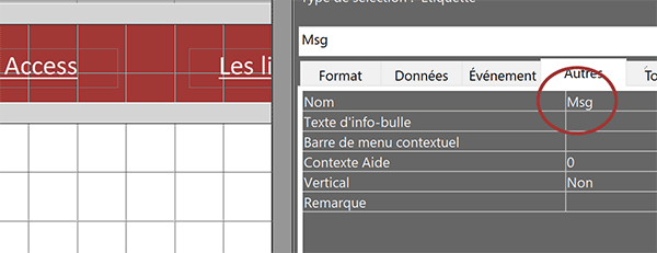 Nom du contrôle de formulaire Access pour message défilant