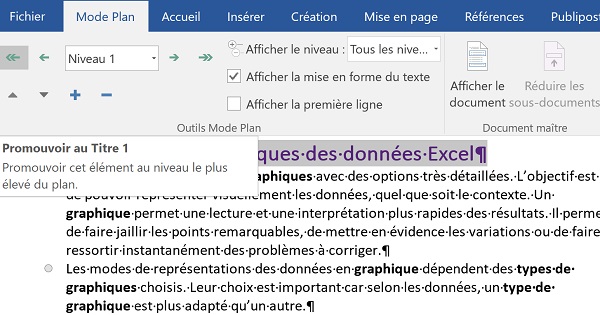 Promouvoir un titre par le mode plan Word pour le monter dans la hiérarchie