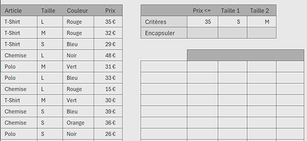 Tableau Excel pour extractions combinées par formule Python