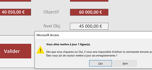 Alerte et message avertissement sur formulaire Access avant mise à jour des données