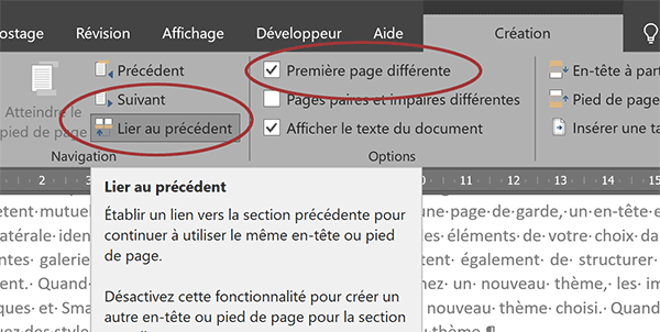 Désactiver la liaison entre les pieds de page de différentes sections dans un document Word