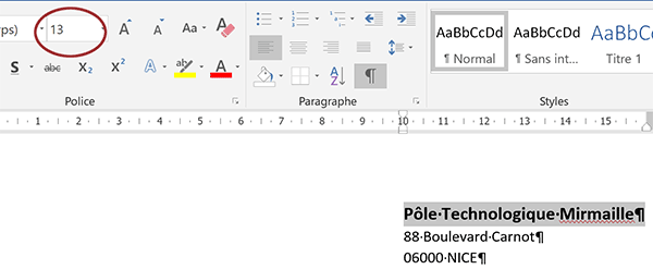 Mise en forme du titre dans bloc adresse du document commercial Word