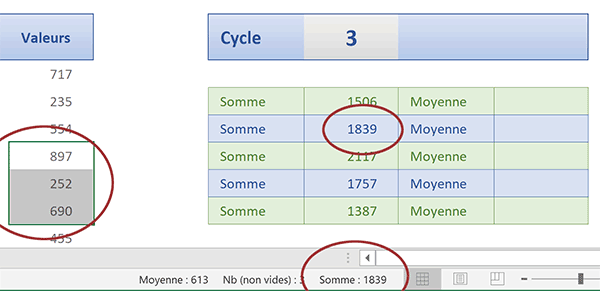 Sommes Excel alernées sur le nombre de lignes et avec une hauteur variable