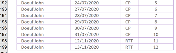 Base de données des congés des employés alimentée par le code VBA Excel