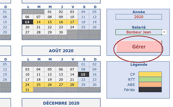 Application VBA Excel pour gérer les absences des salariés sur un calendrier annuel perpétuel