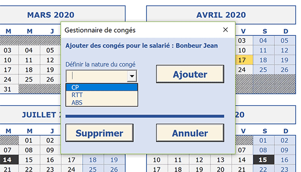 Userform VBA Excel pour inscrire les nouvelles périodes de congés des employés dans le calendrier annuel perpétuel