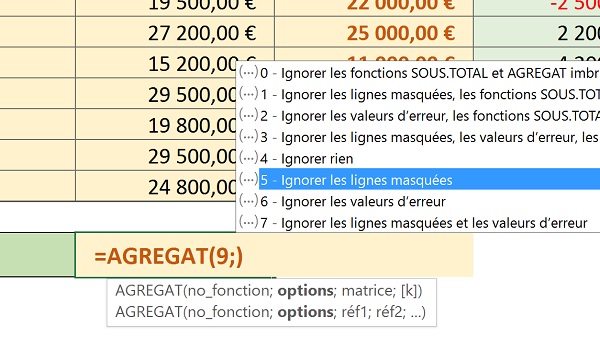 Somme dynamique sur données filtrées et groupées avec fonction Agregat Excel