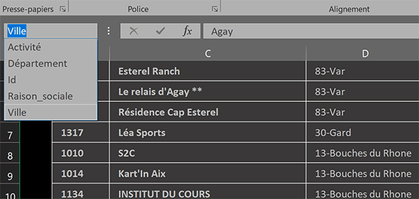 Noms des plages de cellules Excel pour faciliter la construction des calculs matriciels de fréquences