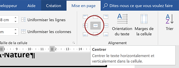 Centrer texte dans cellule fusionnée de tableau Word