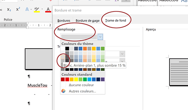 Couleur de fond pour arrière-plan des bordures de paragraphes Word