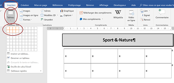 Définir nombre de lignes et colonnes pour insérer un tableau dans un document Word