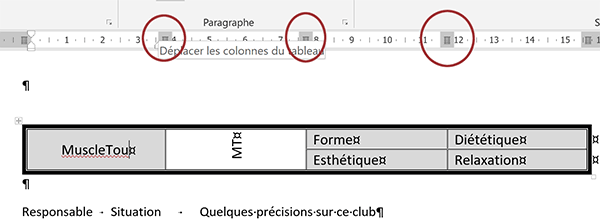 Curseurs sur règle horizontale pour ajuster les largeurs de colonnes dans tableau Word