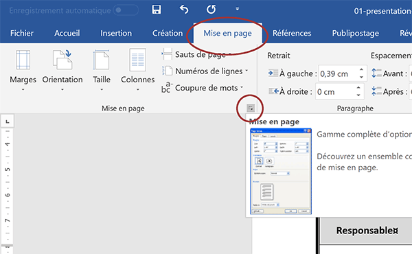 Ruban Word pour réglages de mise en page du document