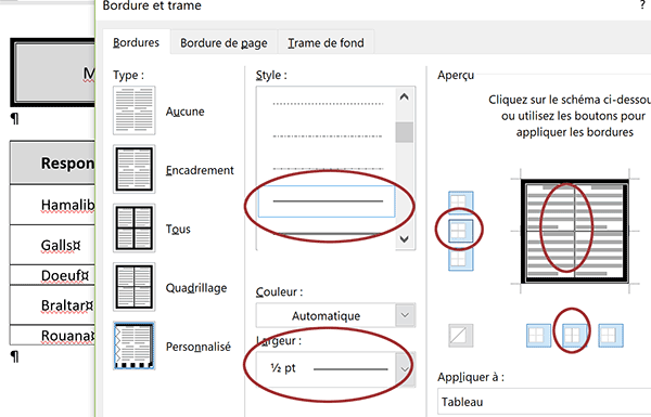 Définir styles de trait de quadrillage pour intérieur des cellules du tableau Word