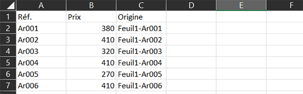 Sources de données Excel dans différentes feuilles