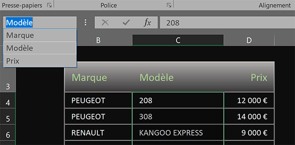 Noms des colonnes du tableau Excel pour les formules d-extraction