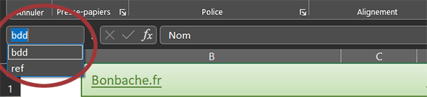 Nom du tableau représentant la base de données dans Excel