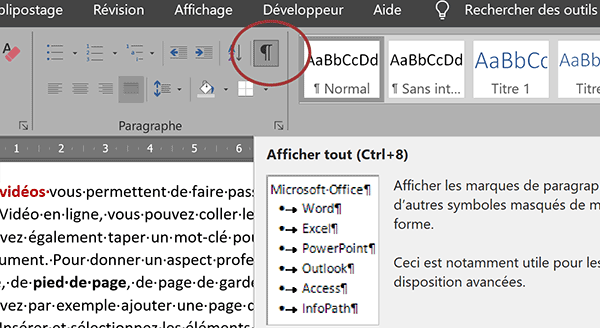 Afficher les caractères masqués dans un document Word pour visualiser les actions au clavier et marques de paragraphes