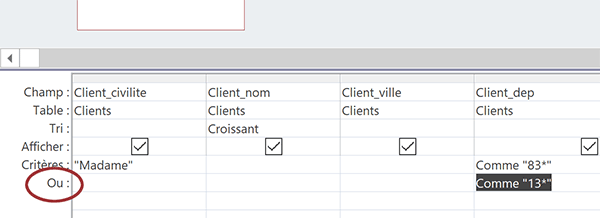 Combiner des conditions non exlusives dans critères de requête Access avec opérateur Ou