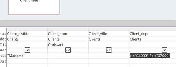 Opérateur Et pour combiner les conditions numériques sur un champ de requête Access