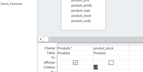 Critère de requête Access pour identifier tous les produits dont la quantité en stock est faible