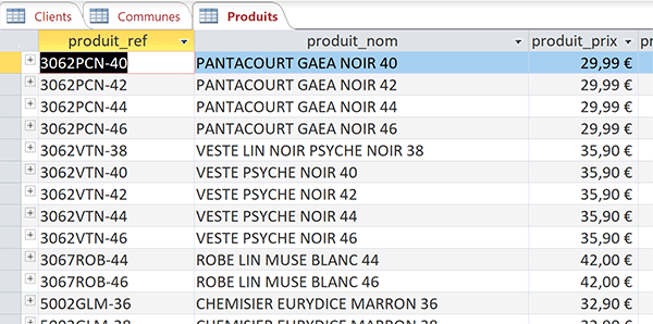 Table Access des produits à acheter par les clients