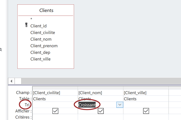 Mode création de requête Access pour organiser tri sur noms des clients