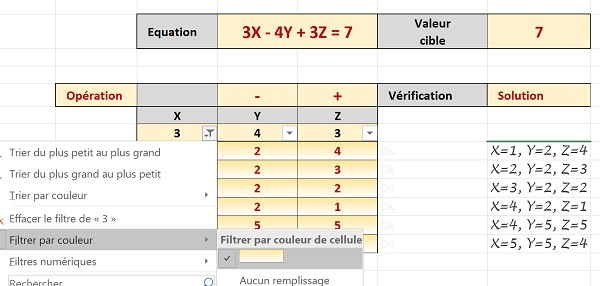 Filtrer et regrouper par couleur les solutions pour équations à plusieurs inconnues