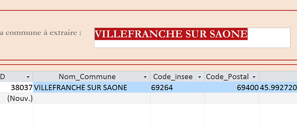 Résultats extraction base de données Access suite à validation proposition intuitive aide à la saise du moteur en VBA