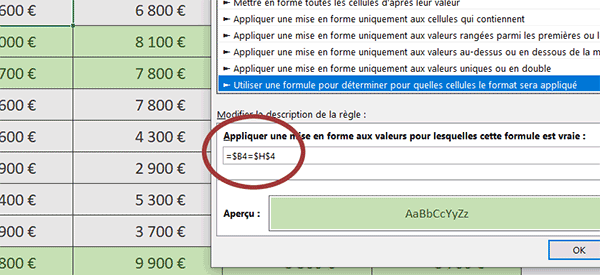 Règle de couleurs Excel pour faire ressortir automatiquement les cellules à additionner