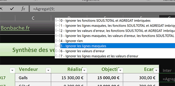 Fonction Excel Agregat pour sommer les valeurs en ignorant les cellules masquées