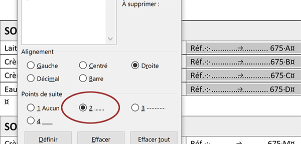 Définir des points de suite pour des lignes guides avec les tabulations dans les cellules du tableau Word