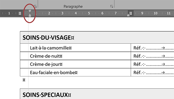 Décalages dans les cellules du tableau Word par un retrait gauche pour aérer la présentation