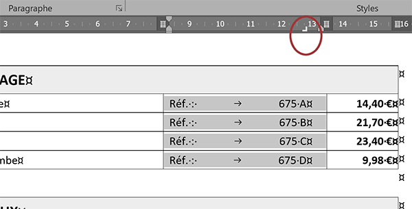 Aligner à droite les nombres dans les cellules du tableau Word en posant un taquet droit sur la règle horizontale