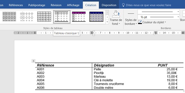 Mise en forme automatique pour tableau converti